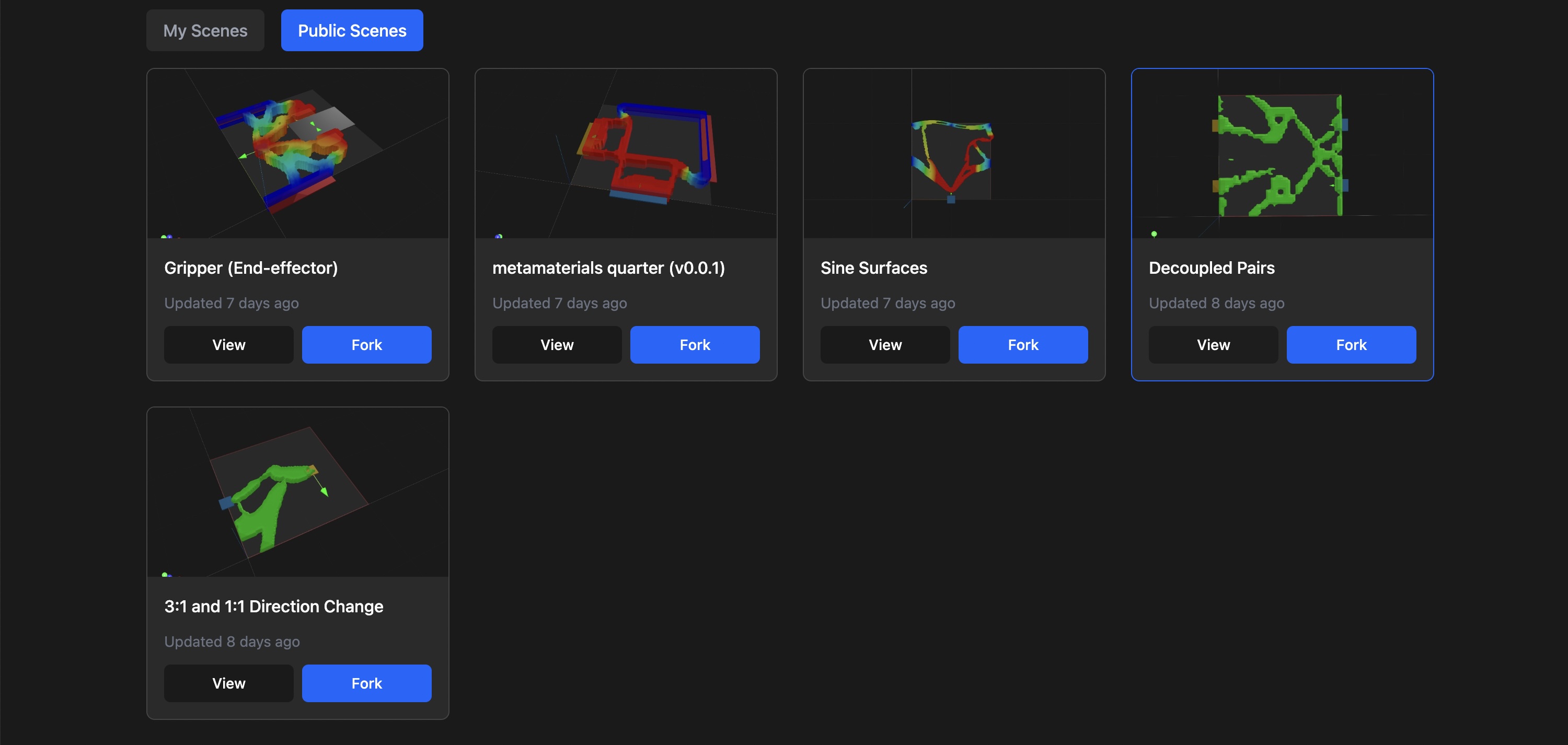 Image of our deFlex public scene library showing example designs available to fork